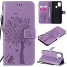 For Samsung Galaxy A21s Tree & Cat Embossed Pattern Horizontal Flip Leather Case with Holder & Card Slots & Wallet & Lanyard(Light Purple) - 1