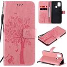 For Samsung Galaxy A21s Tree & Cat Embossed Pattern Horizontal Flip Leather Case with Holder & Card Slots & Wallet & Lanyard(Pink) - 1