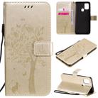 For Samsung Galaxy A21s Tree & Cat Embossed Pattern Horizontal Flip Leather Case with Holder & Card Slots & Wallet & Lanyard(Gold) - 1