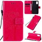 For Samsung Galaxy A41 Tree & Cat Embossed Pattern Horizontal Flip Leather Case with Holder & Card Slots & Wallet & Lanyard(Rose Red) - 1