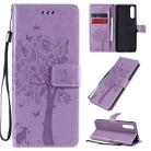 For Sony Xperia 10 II Tree & Cat Embossed Pattern Horizontal Flip Leather Case with Holder & Card Slots & Wallet & Lanyard(Light Purple) - 1