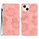 For iPhone 15 Flower Embossing Pattern Leather Phone Case(Pink) - 1