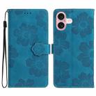 For iPhone 16 Flower Embossing Pattern Leather Phone Case(Blue) - 1