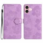 For iPhone 16 Flower Embossing Pattern Leather Phone Case(Purple) - 1