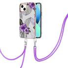 For iPhone 15 Plus Electroplating Pattern IMD TPU Shockproof Case with Neck Lanyard(Purple Flower) - 1