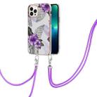 For iPhone 15 Pro Electroplating Pattern IMD TPU Shockproof Case with Neck Lanyard(Purple Flower) - 1