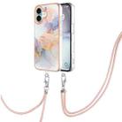 For iPhone 16 Plus Electroplating Pattern IMD TPU Shockproof Case with Neck Lanyard(Milky Way White Marble) - 1