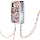 For iPhone 16 Electroplating Pattern IMD TPU Shockproof Case with Neck Lanyard(Pink Scales) - 1