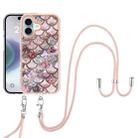 For iPhone 16 Electroplating Pattern IMD TPU Shockproof Case with Neck Lanyard(Pink Scales) - 2