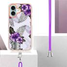 For iPhone 16 Electroplating Pattern IMD TPU Shockproof Case with Neck Lanyard(Purple Flower) - 3