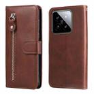 For Xiaomi 14 Fashion Calf Texture Zipper Leather Phone Case(Brown) - 1