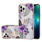 For iPhone 15 Pro Max Electroplating Pattern IMD TPU Shockproof Case with Rhinestone Ring Holder(Purple Flower) - 1