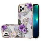 For iPhone 16 Pro Electroplating Pattern IMD TPU Shockproof Case with Rhinestone Ring Holder(Purple Flower) - 1