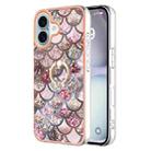 For iPhone 16 Plus Electroplating Pattern IMD TPU Shockproof Case with Rhinestone Ring Holder(Pink Scales) - 1