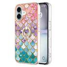 For iPhone 16 Plus Electroplating Pattern IMD TPU Shockproof Case with Rhinestone Ring Holder(Colorful Scales) - 1