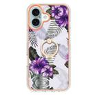 For iPhone 16 Plus Electroplating Pattern IMD TPU Shockproof Case with Rhinestone Ring Holder(Purple Flower) - 2