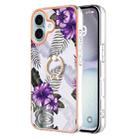 For iPhone 16 Electroplating Pattern IMD TPU Shockproof Case with Rhinestone Ring Holder(Purple Flower) - 1