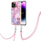 For iPhone 15 Pro Electroplating Marble Dual-side IMD Phone Case with Lanyard(Pink 013) - 1