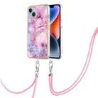 For iPhone 15 Plus Electroplating Marble Dual-side IMD Phone Case with Lanyard(Pink 013) - 1