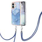 For iPhone 16 Plus Electroplating Marble Dual-side IMD Phone Case with Lanyard(Blue 018) - 1