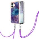 For iPhone 16 Plus Electroplating Marble Dual-side IMD Phone Case with Lanyard(Purple 016) - 1