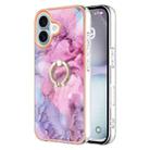 For iPhone 16 Plus Electroplating Marble Dual-side IMD Phone Case with Ring(Pink 013) - 1