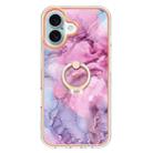 For iPhone 16 Plus Electroplating Marble Dual-side IMD Phone Case with Ring(Pink 013) - 2