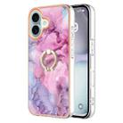 For iPhone 16 Electroplating Marble Dual-side IMD Phone Case with Ring(Pink 013) - 1