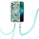 For iPhone 15 Pro Electroplating Splicing Marble Flower Pattern TPU Shockproof Case with Lanyard(Blue Flower) - 1