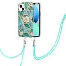 For iPhone 15 Electroplating Splicing Marble Flower Pattern TPU Shockproof Case with Lanyard(Blue Flower) - 1