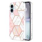 For iPhone 16 Plus Electroplating Splicing Marble Flower Pattern Dual-side IMD TPU Shockproof Phone Case(Pink White) - 1