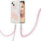 For iPhone 15 Plus Electroplating Splicing Marble Pattern IMD TPU Shockproof Case with Neck Lanyard(Pink White) - 1