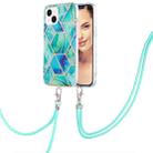 For iPhone 15 Plus Electroplating Splicing Marble Pattern IMD TPU Shockproof Case with Neck Lanyard(Green) - 1