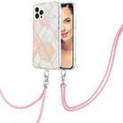 For iPhone 15 Pro Electroplating Splicing Marble Pattern IMD TPU Shockproof Case with Neck Lanyard(Pink White) - 1