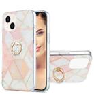For iPhone 15 Electroplating Splicing Marble Pattern IMD TPU Shockproof Case with Ring Holder(Pink White) - 1