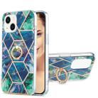 For iPhone 15 Electroplating Splicing Marble Pattern IMD TPU Shockproof Case with Ring Holder(Blue Green) - 1