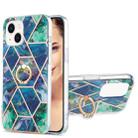 For iPhone 15 Plus Electroplating Splicing Marble Pattern IMD TPU Shockproof Case with Ring Holder(Blue Green) - 1