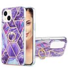 For iPhone 15 Plus Electroplating Splicing Marble Pattern IMD TPU Shockproof Case with Ring Holder(Dark Purple) - 1