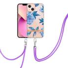 For iPhone 15 Flowers and Plants Series IMD TPU Phone Case with Lanyard(Blue Peony) - 1