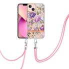 For iPhone 15 Plus Flowers and Plants Series IMD TPU Phone Case with Lanyard(Purple Peony) - 1