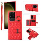 For Samsung Galaxy S20 Ultra Horizontal Card Bag Ring Holder Phone Case with Dual Lanyard(Red) - 1