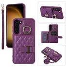 For Samsung Galaxy S21 FE 5G Horizontal Card Bag Ring Holder Phone Case with Dual Lanyard(Dark Purple) - 1