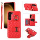 For Samsung Galaxy S22 5G Horizontal Card Bag Ring Holder Phone Case with Dual Lanyard(Red) - 1