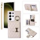 For Samsung Galaxy S23 Ultra 5G Horizontal Card Bag Ring Holder Phone Case with Dual Lanyard(Beige) - 1