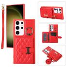 For Samsung Galaxy S23 Ultra 5G Horizontal Card Bag Ring Holder Phone Case with Dual Lanyard(Red) - 1