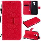 For Xiaomi Redmi Note 9/Redmi 10X 4G Embossed Sunflower Pattern Horizontal Flip PU Leather Case with Holder & Card Slots & Wallet & Lanyard(Red) - 1