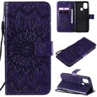 For Samsung Galaxy A21s Embossed Sunflower Pattern Horizontal Flip PU Leather Case with Holder & Card Slots & Wallet & Lanyard(Purple) - 1