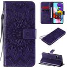 For Samsung Galaxy A51 5G Embossed Sunflower Pattern Horizontal Flip PU Leather Case with Holder & Card Slots & Wallet & Lanyard(Purple) - 1