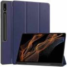 For Samsung Galaxy Tab S10 Ultra / S9 Ultra 3-Fold Pure Color TPU Smart Leather Tablet Case with Pen Slot(Dark Blue) - 1