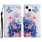 For iPhone 15 3D Colored Drawing Flip Leather Phone Case(Purple butterfly) - 1